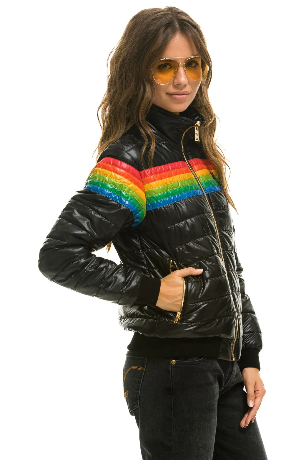 6 STRIPE RAINBOW SLEEVE JACKET -  GLOSSY BLACK