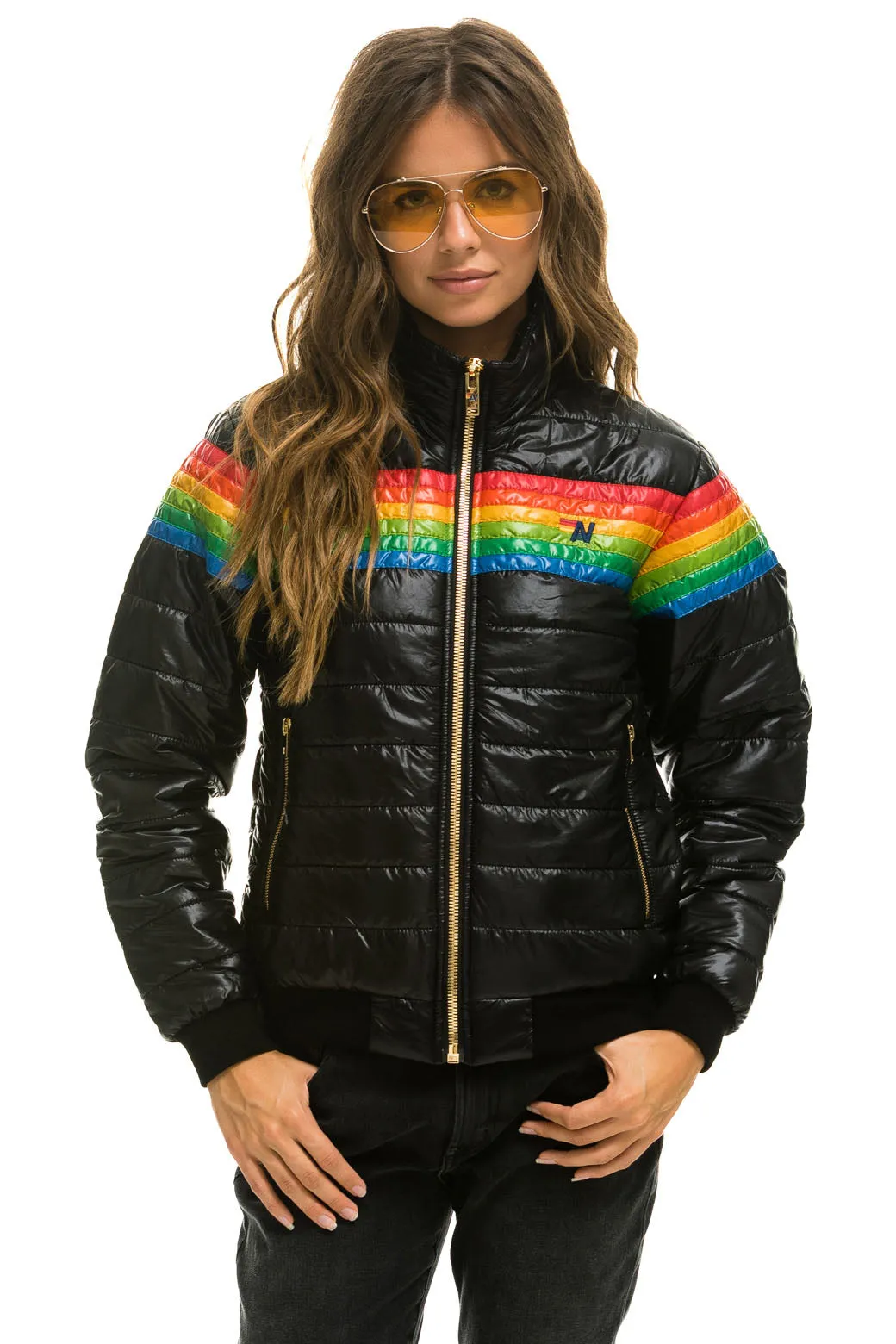 6 STRIPE RAINBOW SLEEVE JACKET -  GLOSSY BLACK