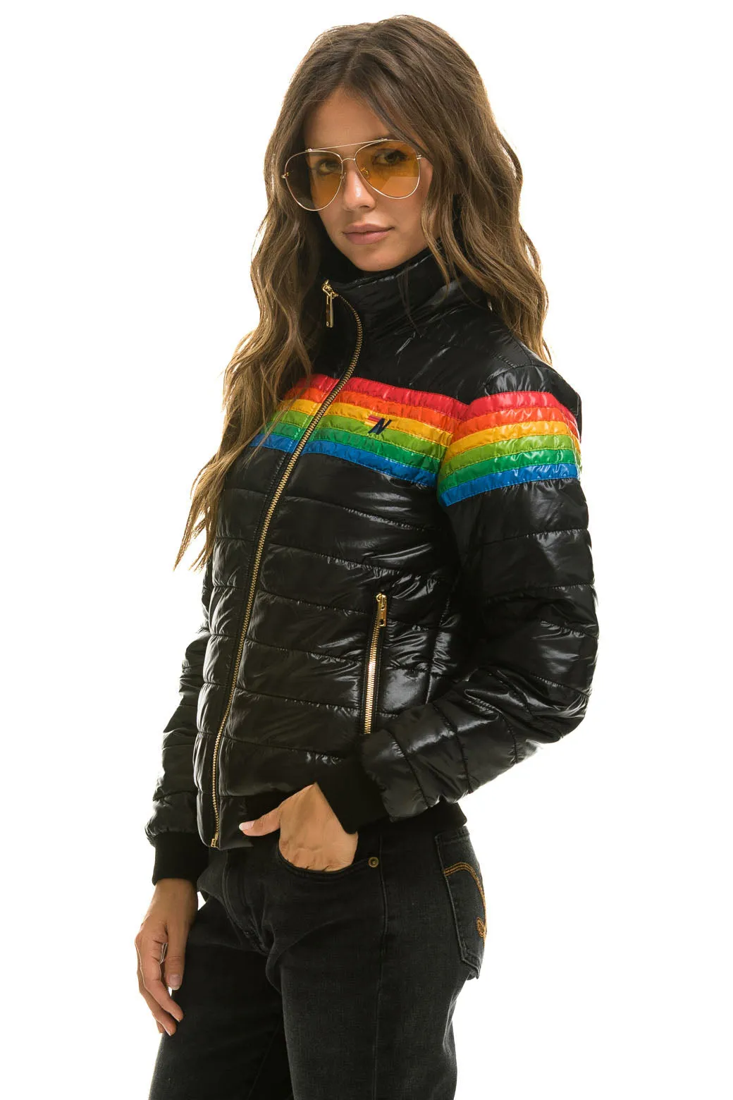 6 STRIPE RAINBOW SLEEVE JACKET -  GLOSSY BLACK