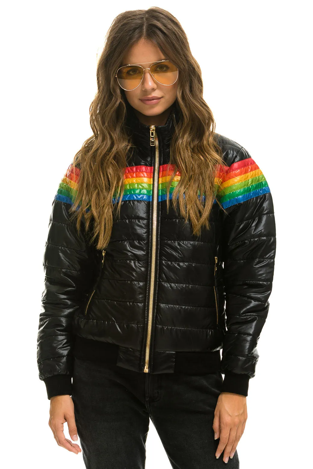 6 STRIPE RAINBOW SLEEVE JACKET -  GLOSSY BLACK