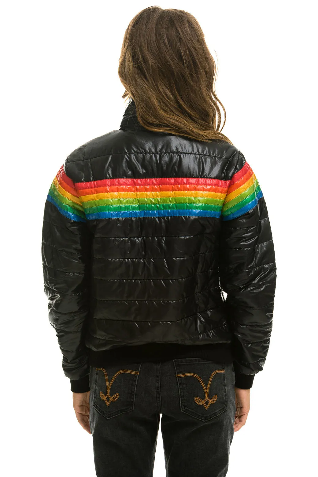 6 STRIPE RAINBOW SLEEVE JACKET -  GLOSSY BLACK