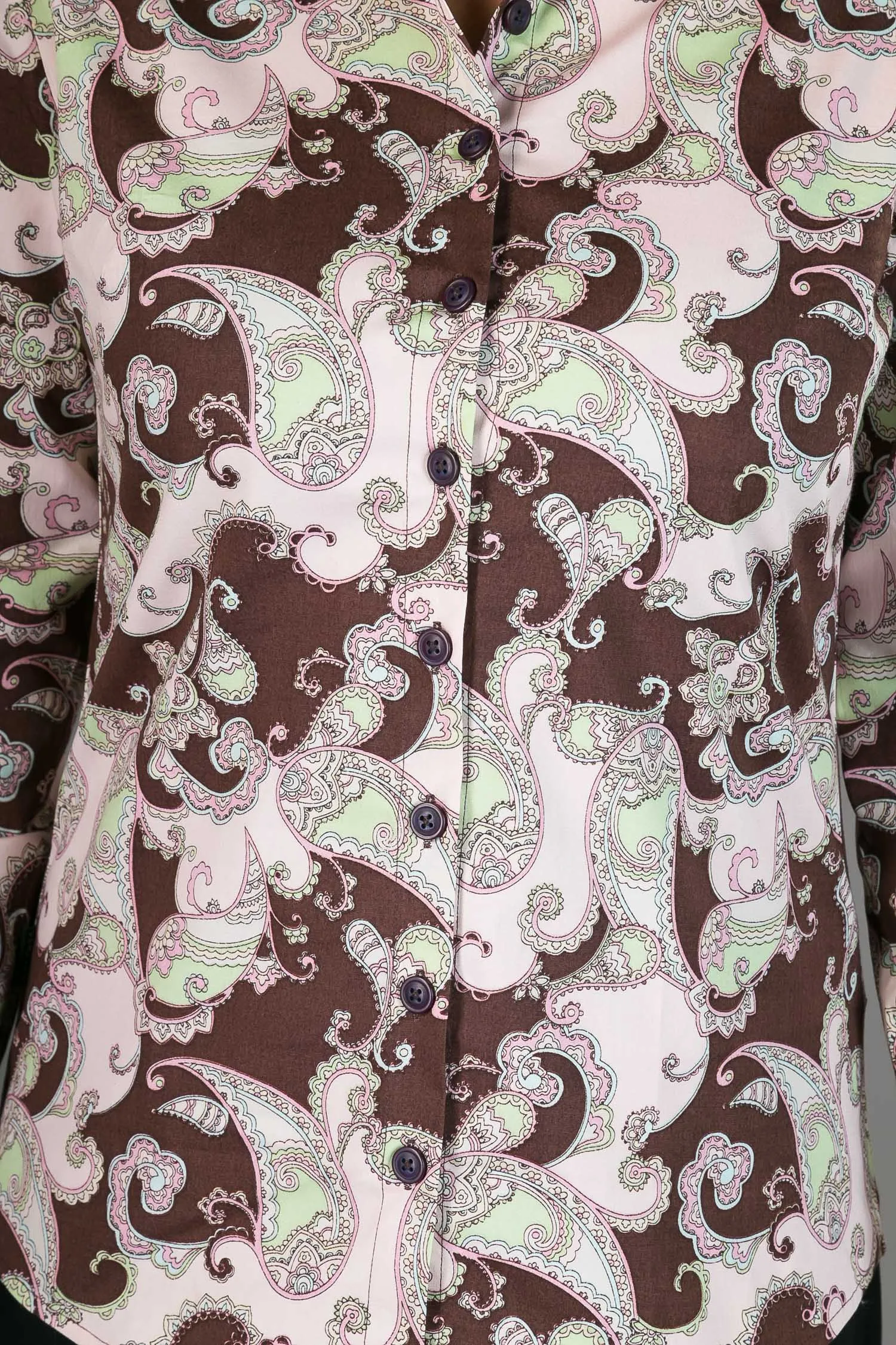 70s Brown Pink Floral Print Cotton Slim Fit Womens Shirt Long Sleeve