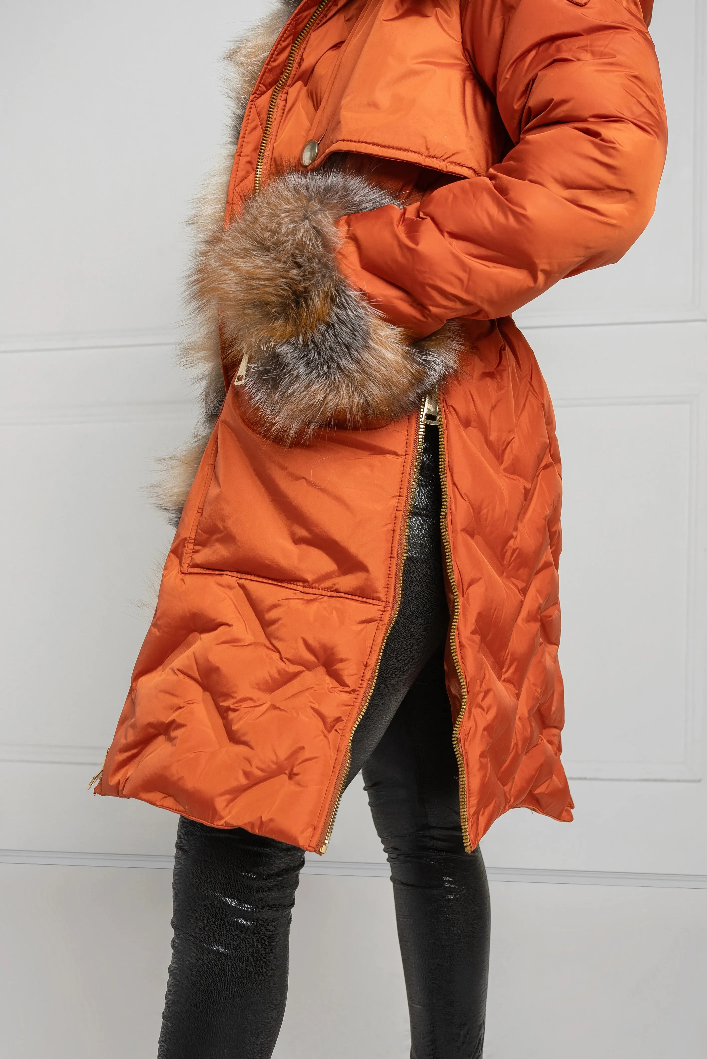 Arctic Glow: Luxe Orange Fox Fur-Trimmed Winter Jacket