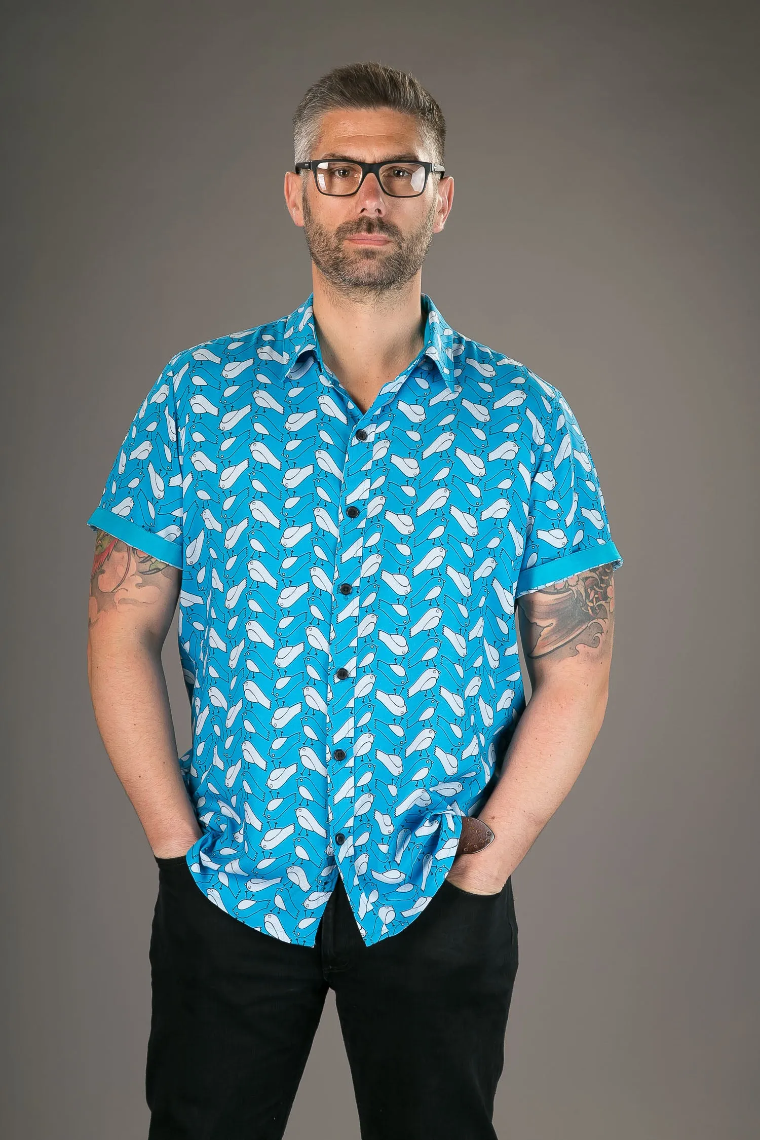 Birds Blue Print Cotton Slim and Regular Fit Mens Shirt Short Sleeve