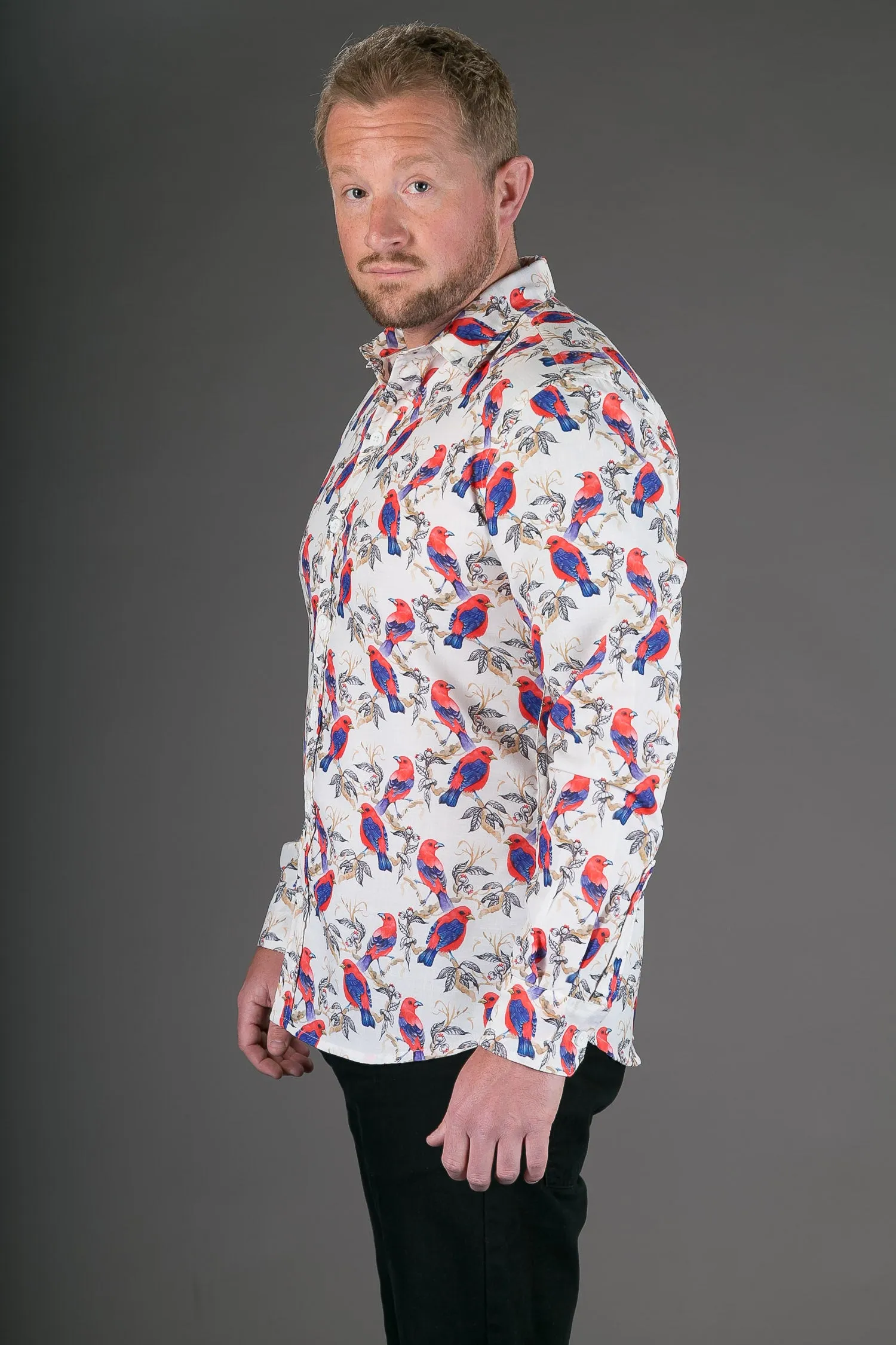 Birds Red Floral Print Cotton Slim Fit Mens Shirt Long Sleeve