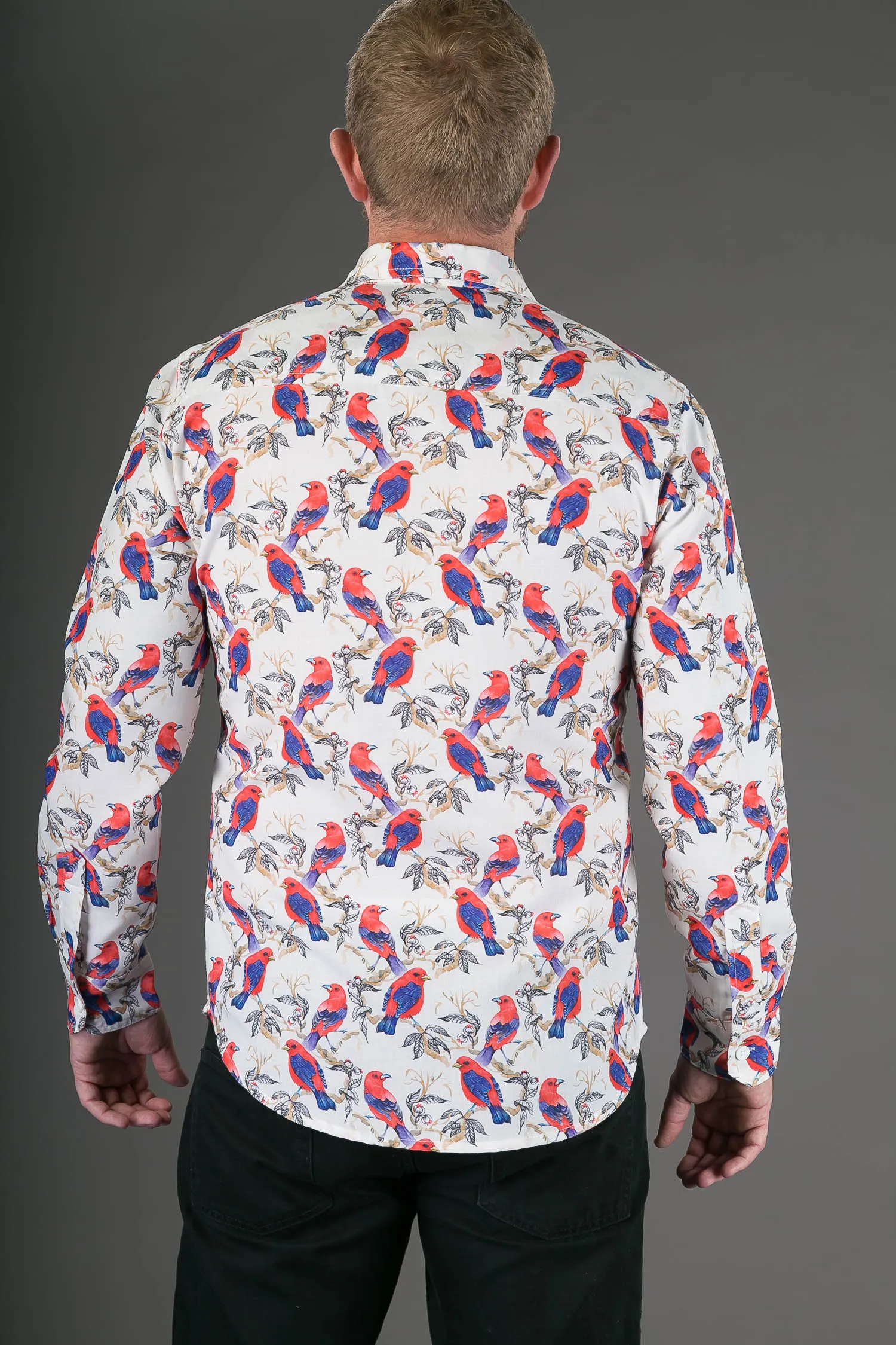 Birds Red Floral Print Cotton Slim Fit Mens Shirt Long Sleeve