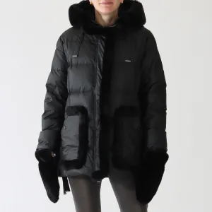 Black Down Fur Trimmed Hooded Coat