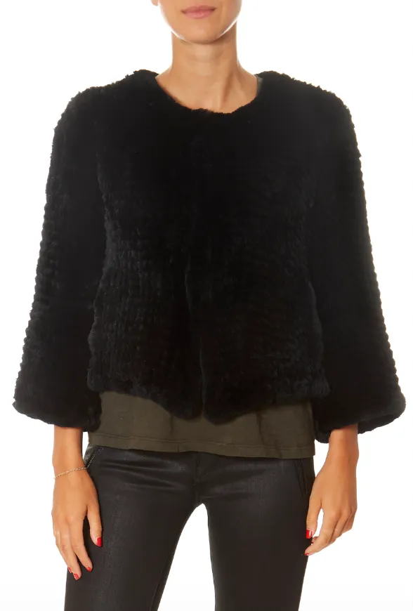 Black Fluted Arm Knitted Rabbit Jacket