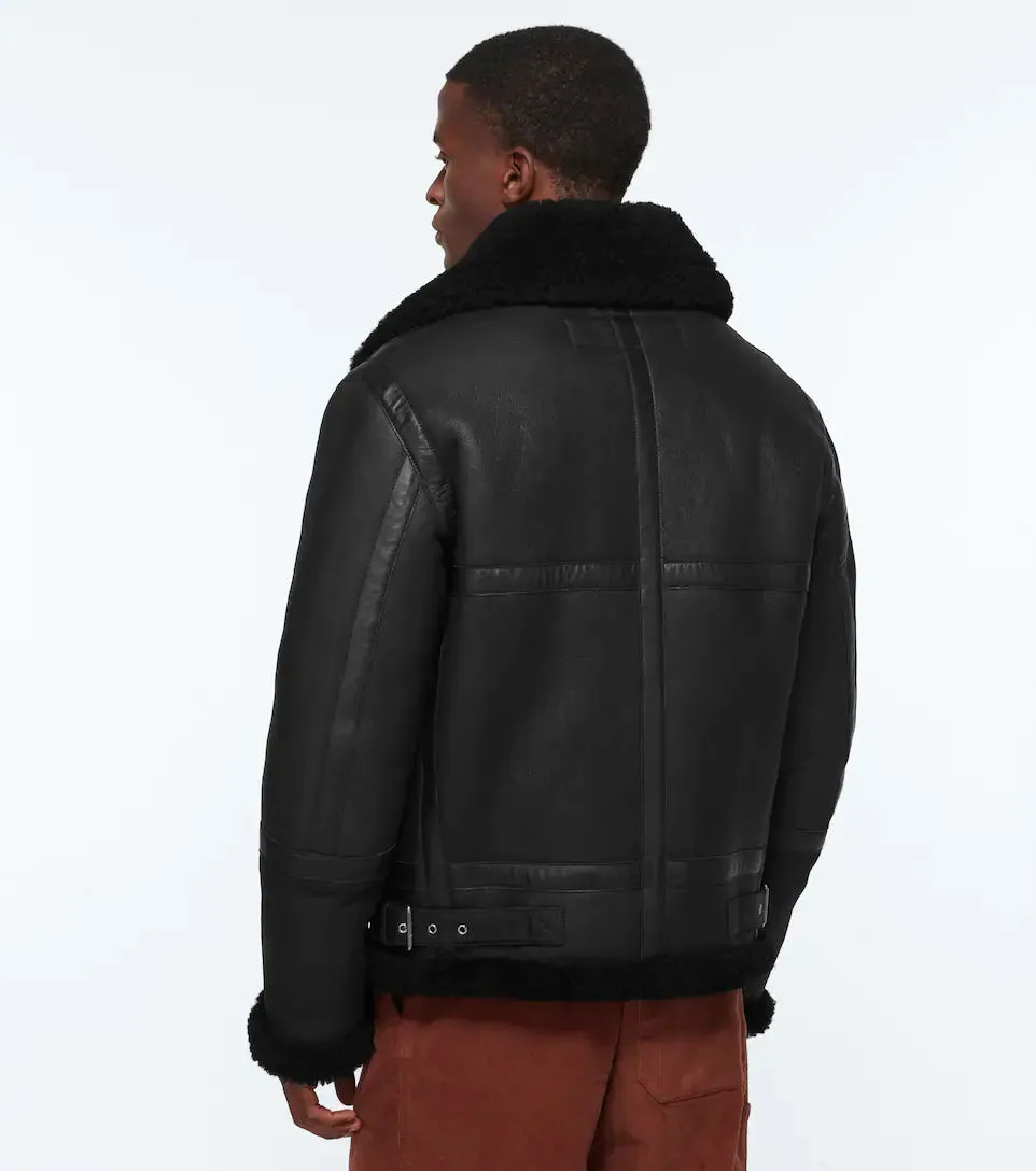 Black Shearling Leather Aviator Jacket