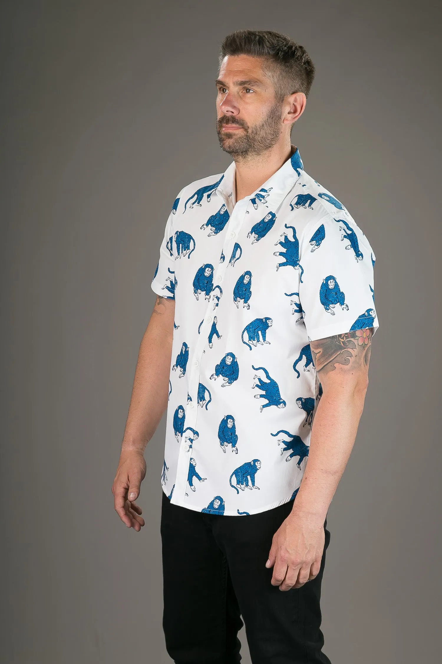 Blue Monkeys on White Print Cotton Slim Fit Mens Shirt Short Sleeve