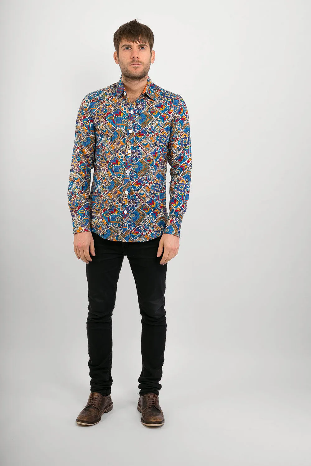 Blue Multi Coloured  Print Cotton Slim Fit Mens Shirt Long Sleeve