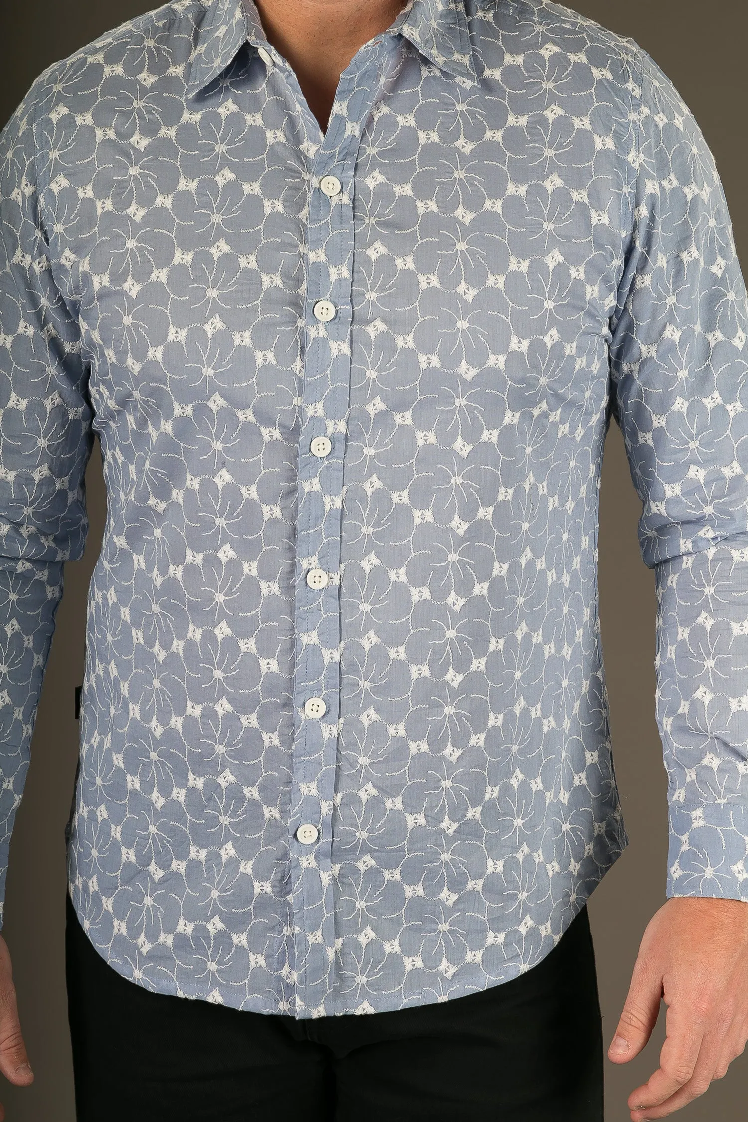 Blue White Embroidered Print Cotton Slim Fit Mens Shirt Long Sleeve