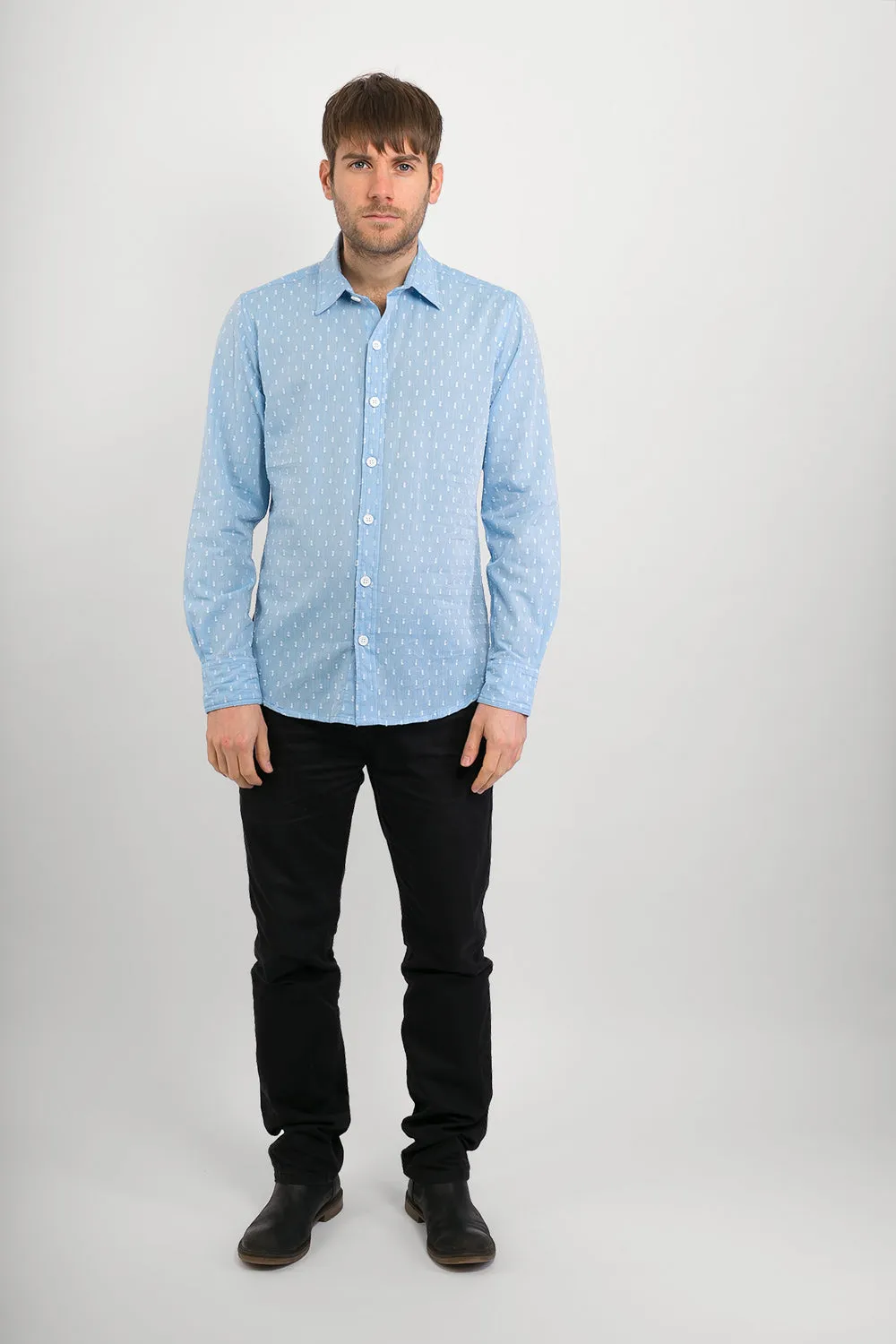 Blue with White Texture Print Cotton Slim-Fit Long-Sleeve Shirt