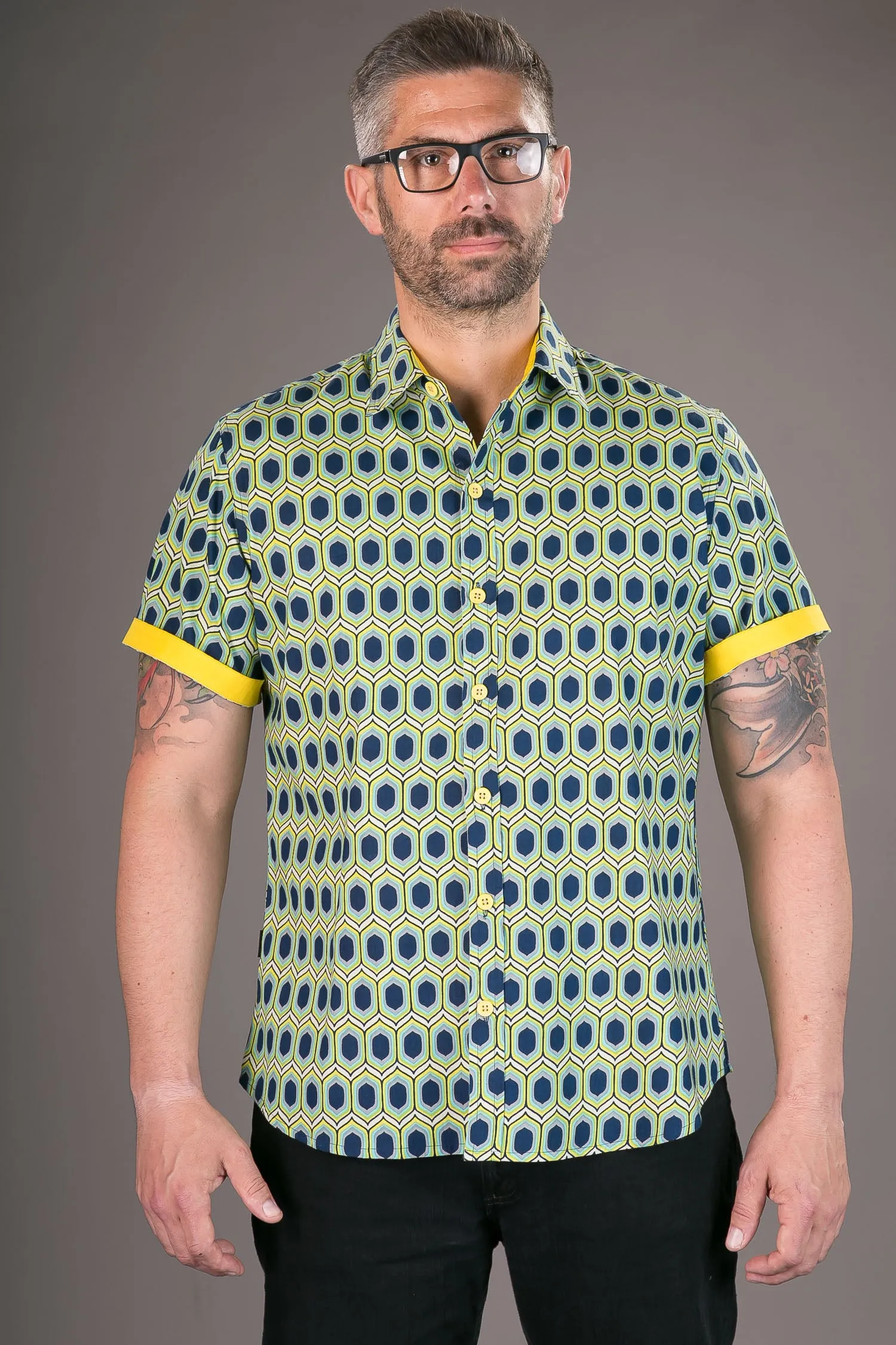 Blue Yellow Green Geometric Print Cotton Slim Fit Mens Shirt Short Sleeve