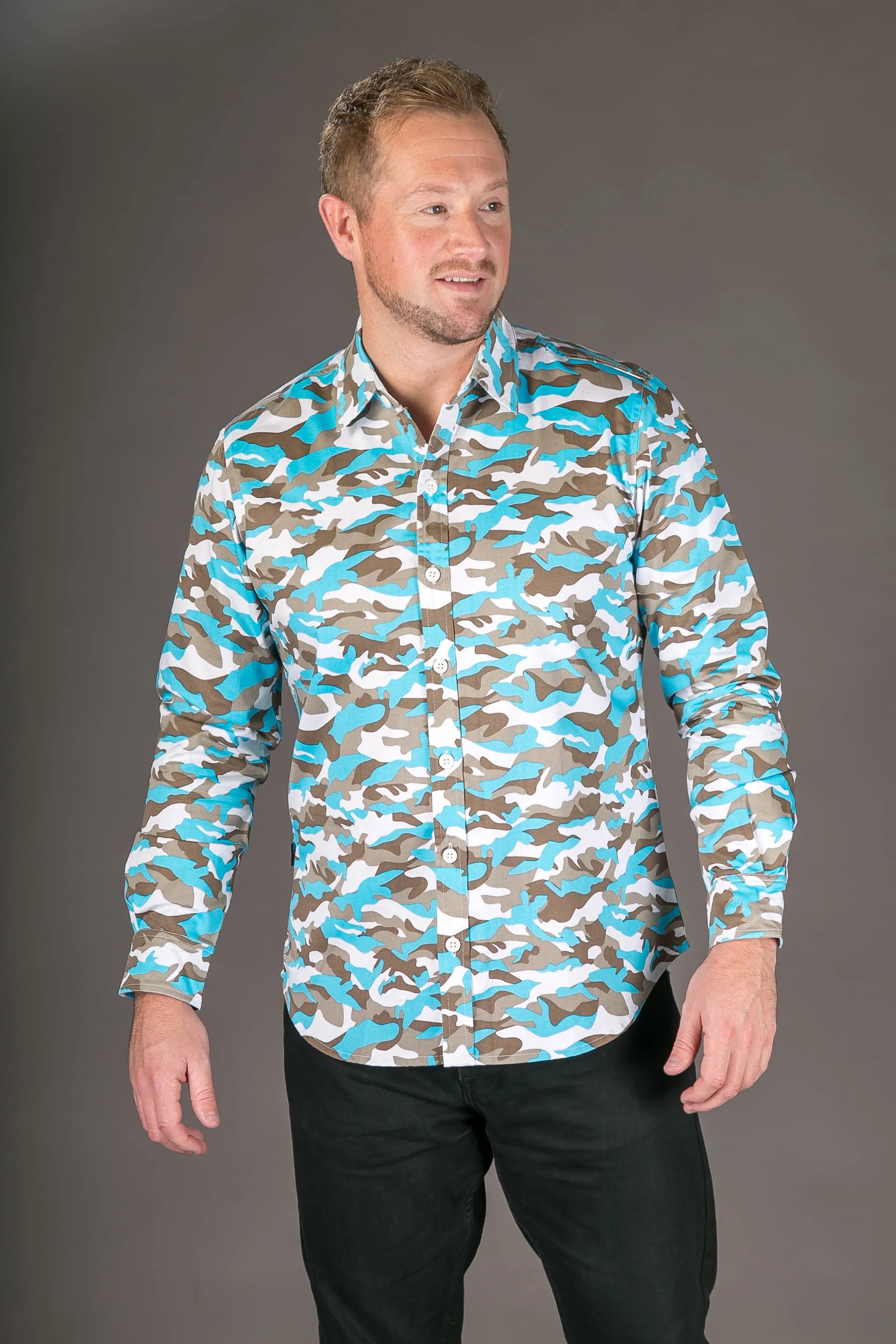 Camouflage Blue Print Cotton Slim Fit Mens Shirt Long Sleeve