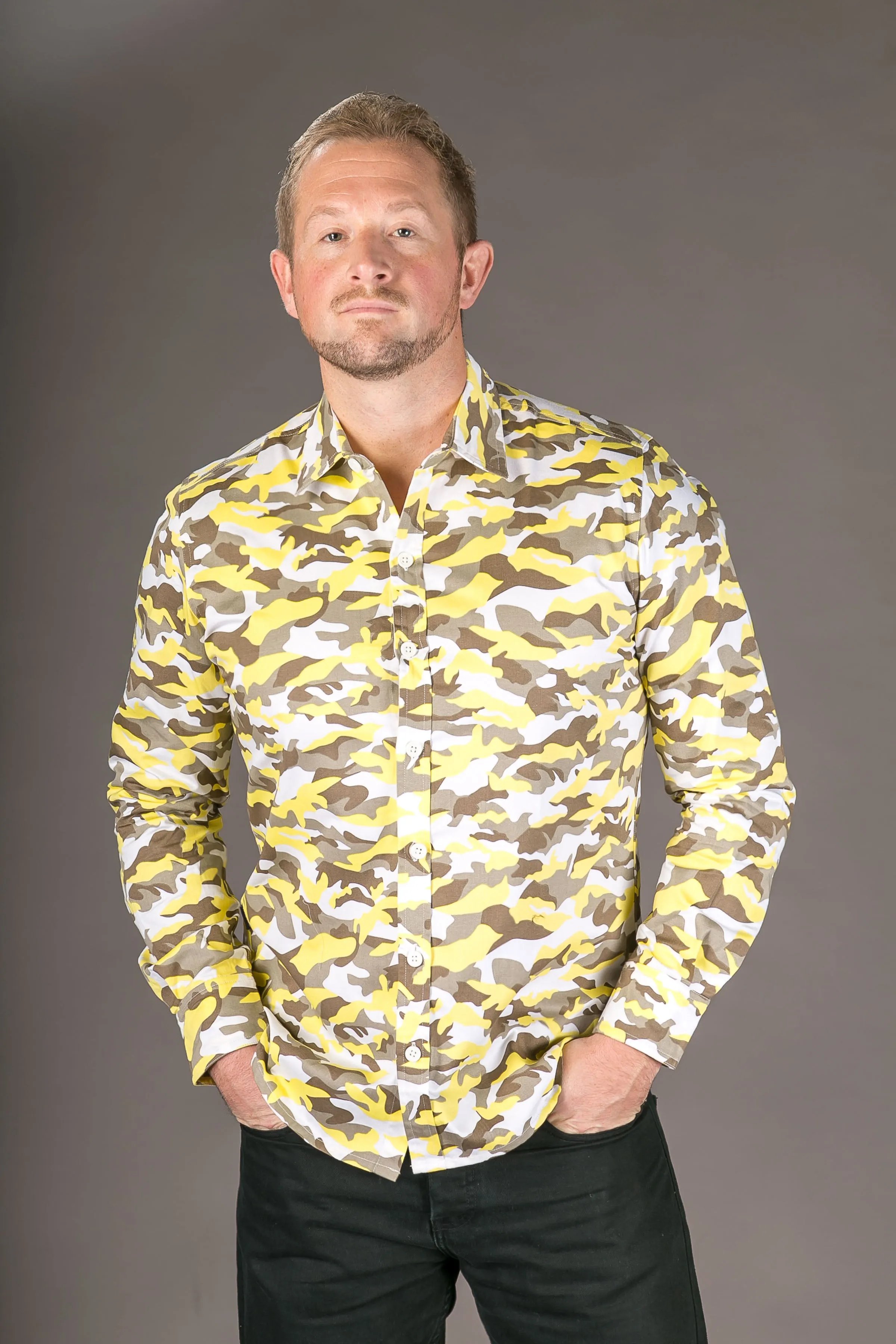 Camouflage Yellow Print Cotton Slim Fit Mens Shirt Long Sleeve