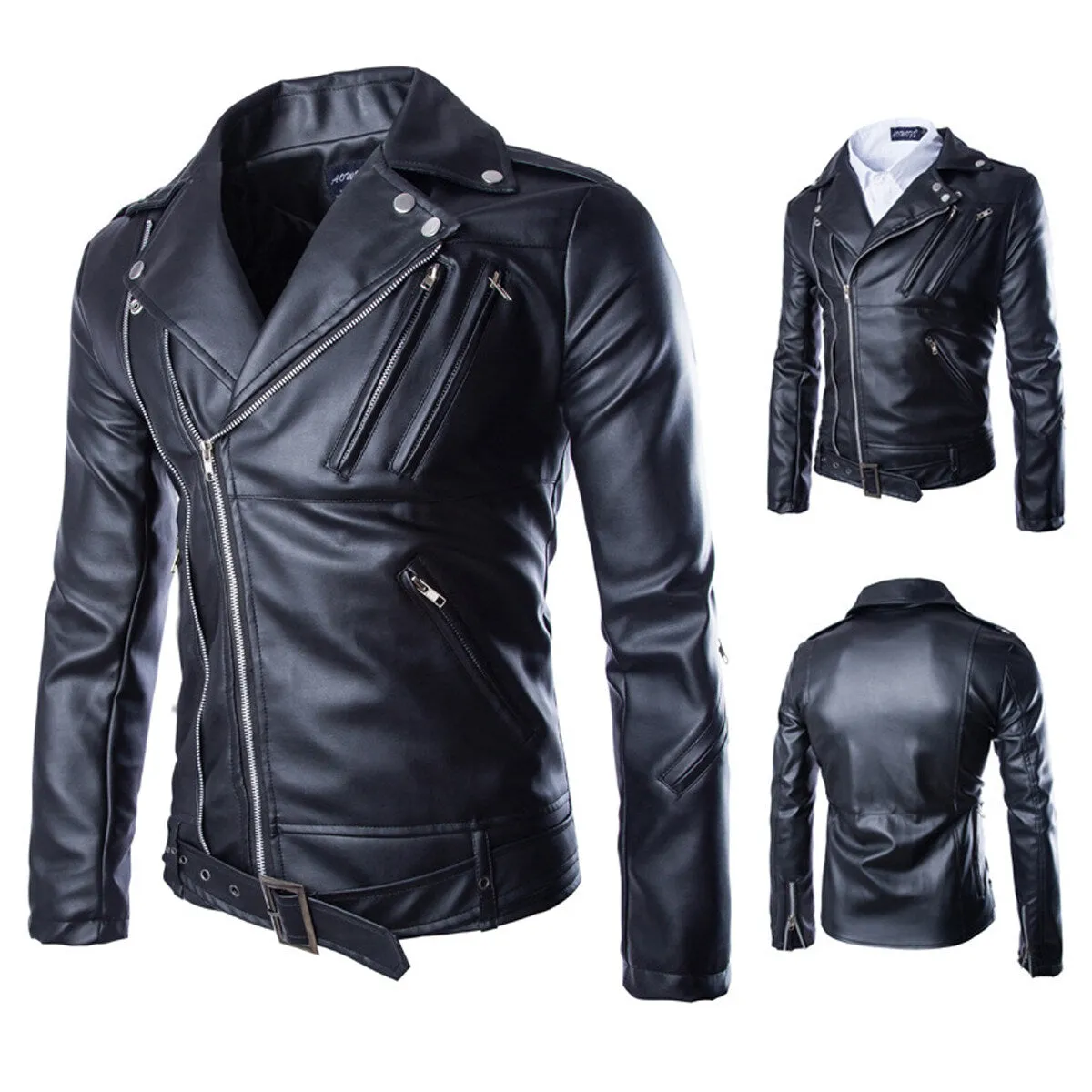 Cloudstyle Men Motorcycle Jacket Biker Windproof Leather Jacket Black Male