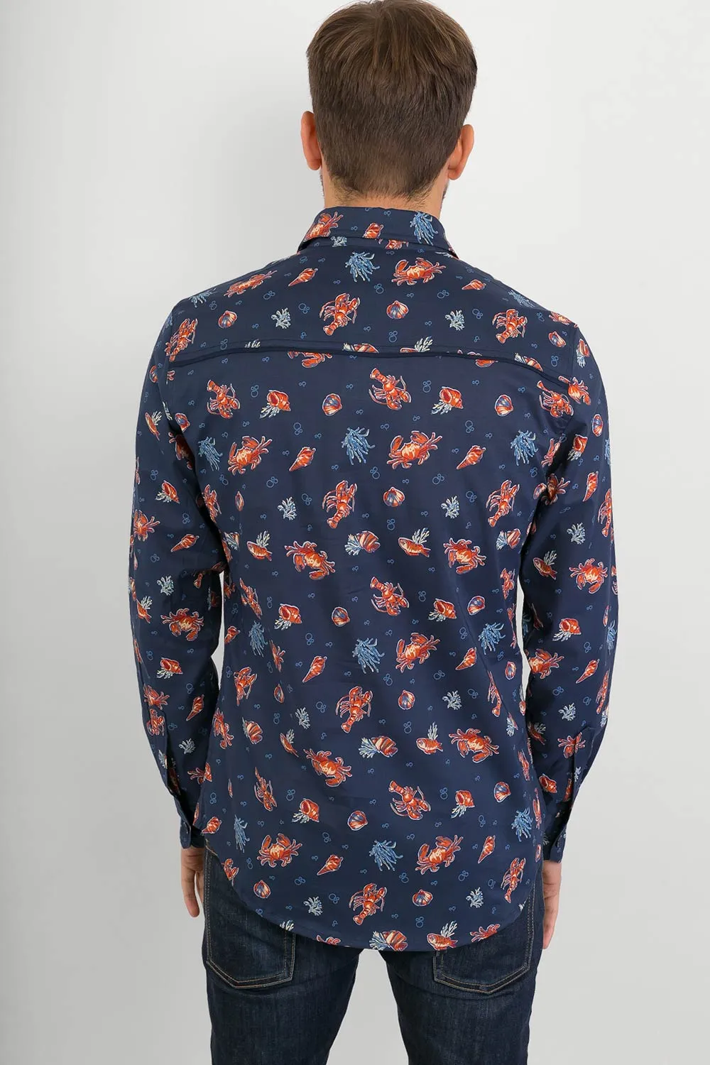 Crabs Lobster Sea Life Blue Print Cotton Mens Long-Sleeve Shirt