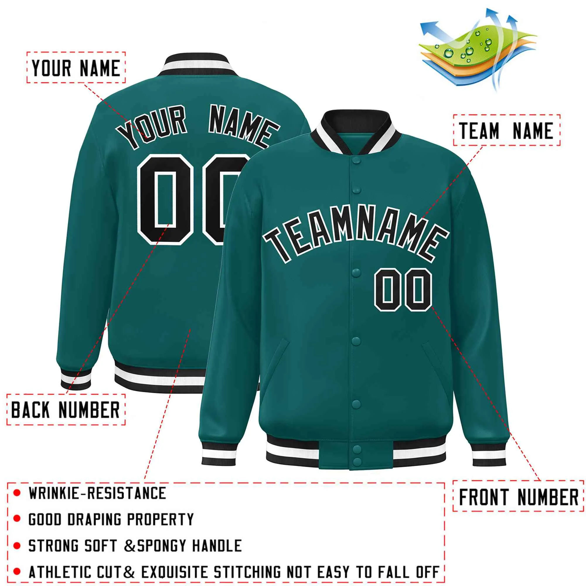 Custom Aqua Black-White Classic Style Varsity Full-Snap Letterman Jacket