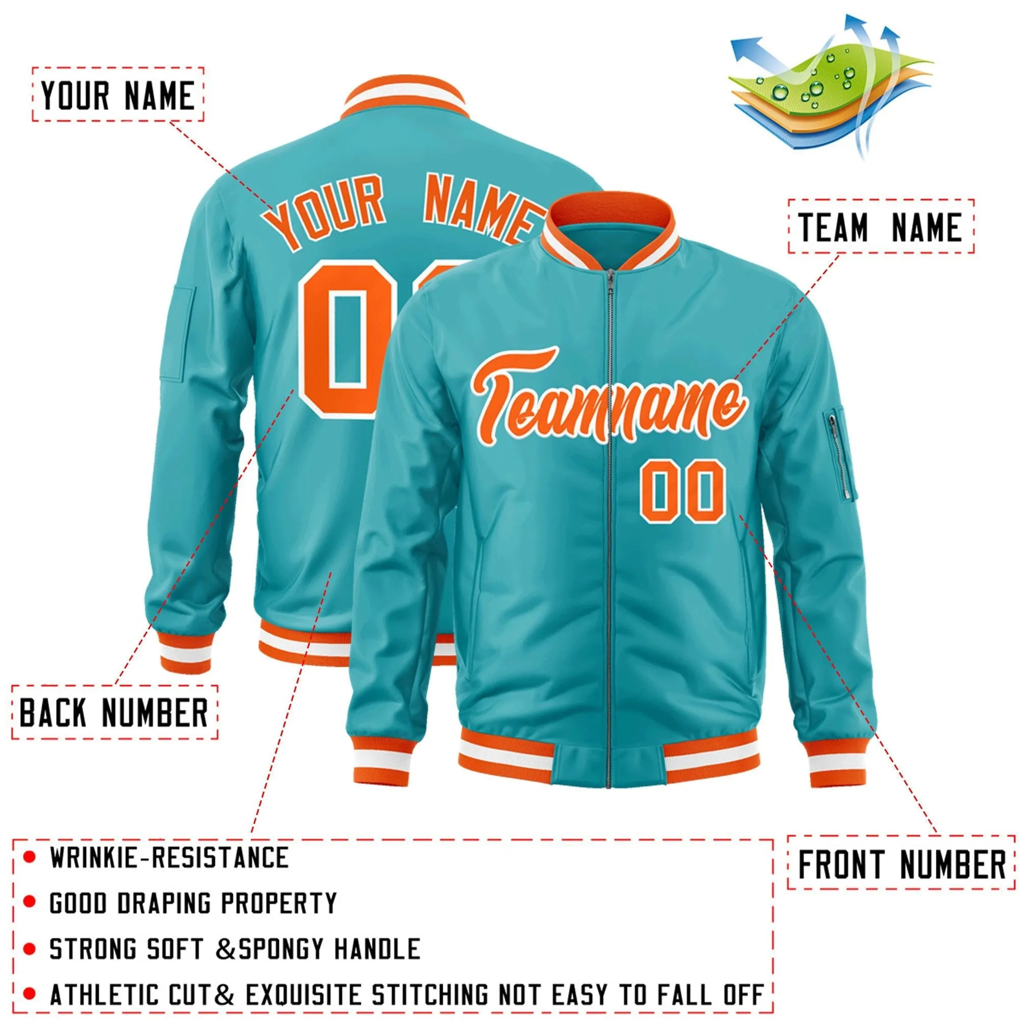 Custom Aqua Orange-White Varsity Full-Zip Letterman Bomber Jacket