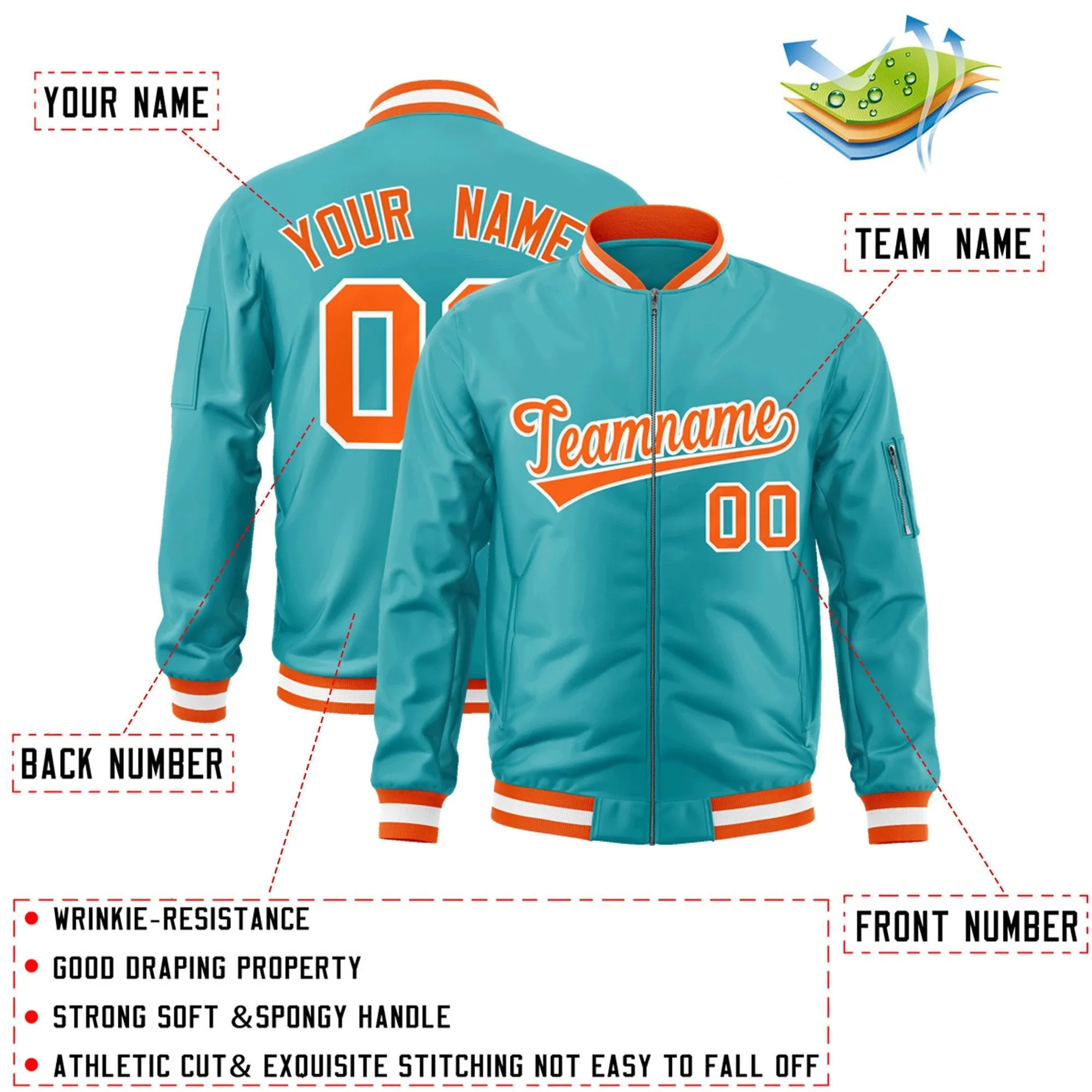 Custom Aqua Orange-White Varsity Full-Zip Letterman Bomber Jacket