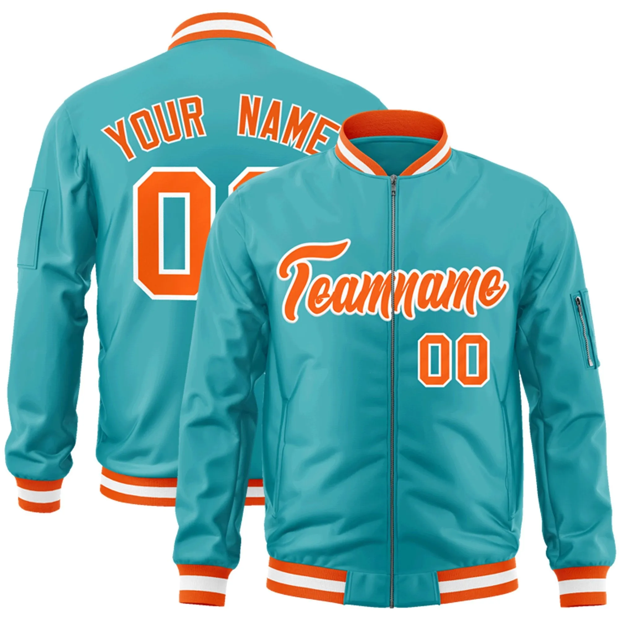 Custom Aqua Orange-White Varsity Full-Zip Letterman Bomber Jacket