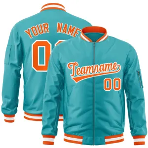 Custom Aqua Orange-White Varsity Full-Zip Letterman Bomber Jacket