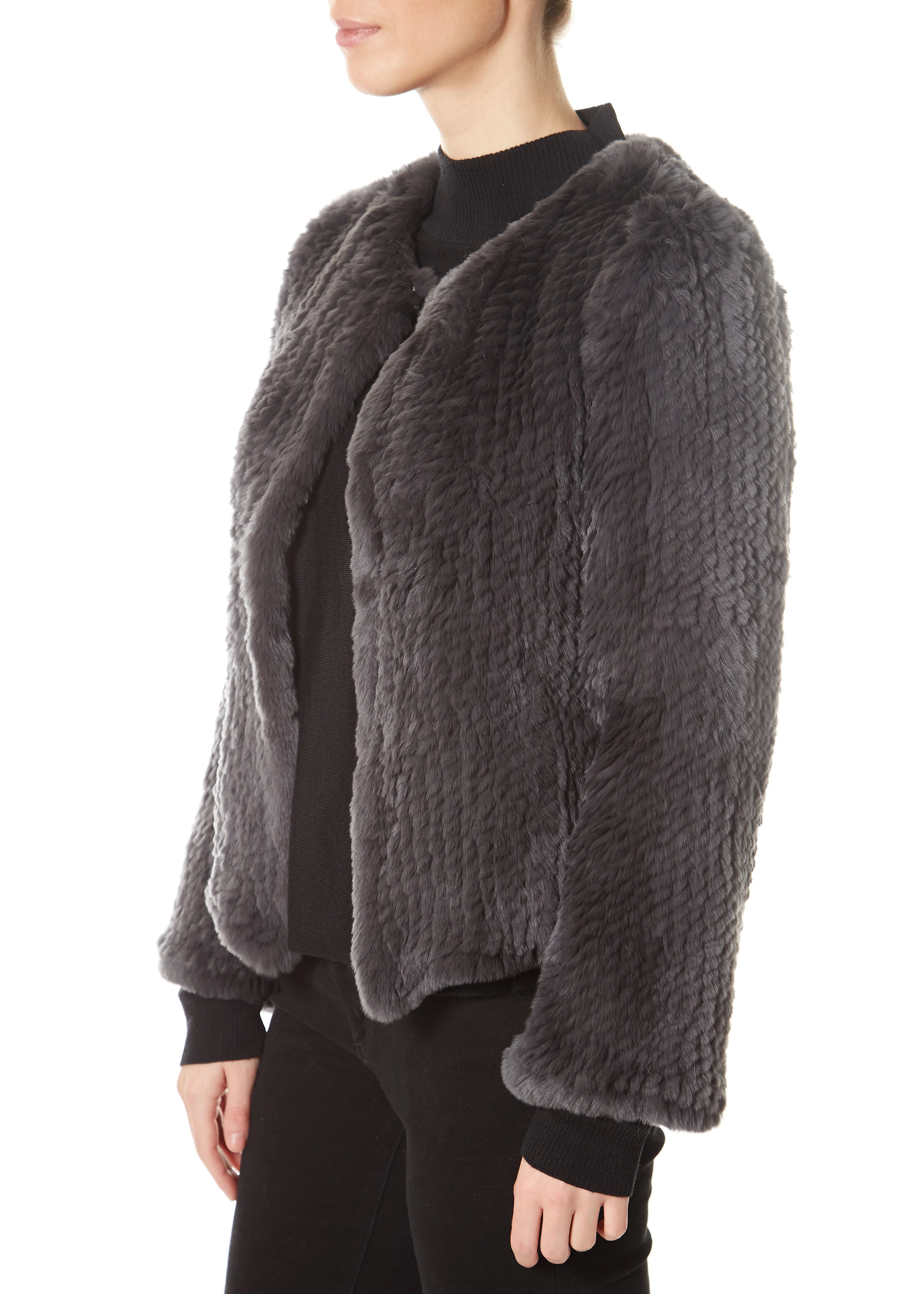 Dark Grey Classic Short Knitted Rex Rabbit Jacket