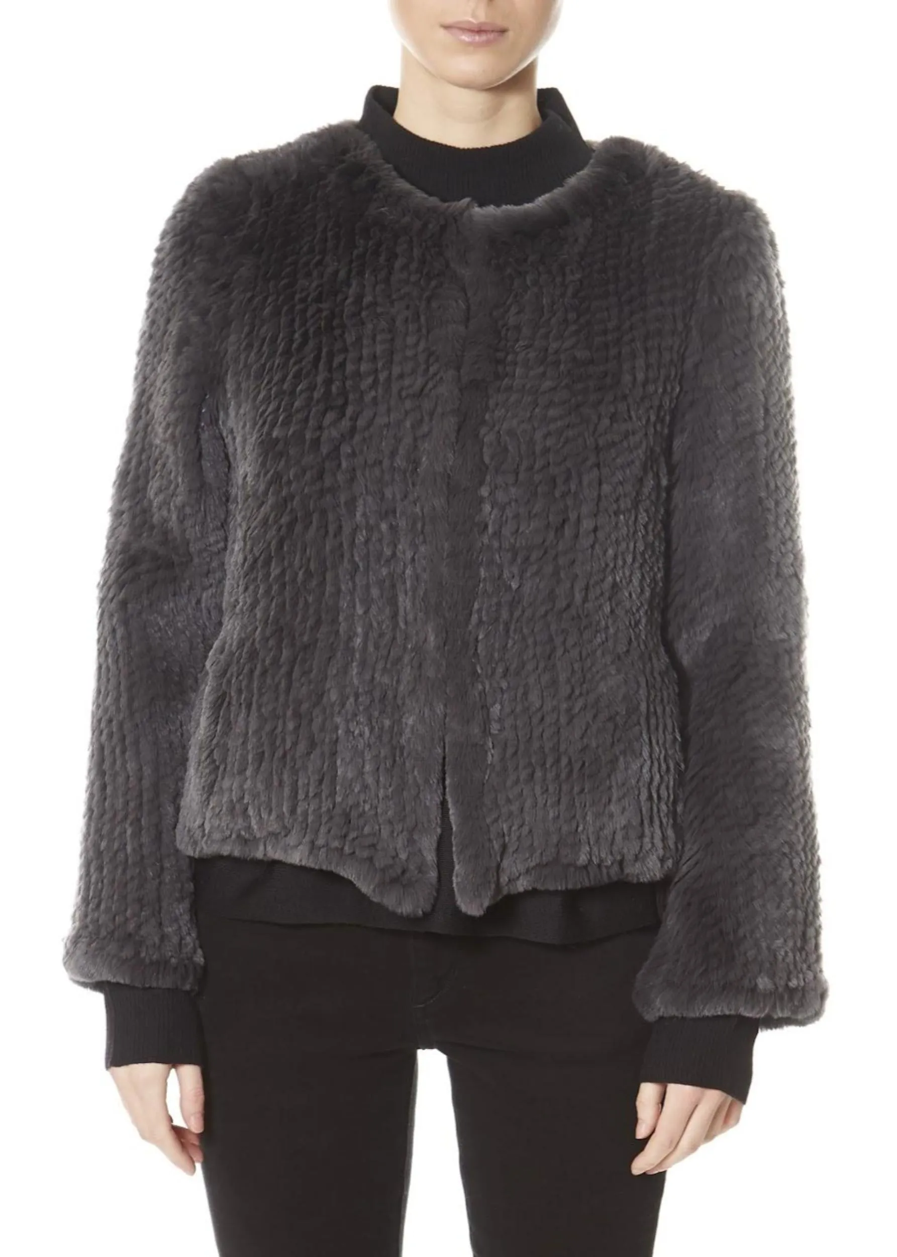 Dark Grey Classic Short Knitted Rex Rabbit Jacket