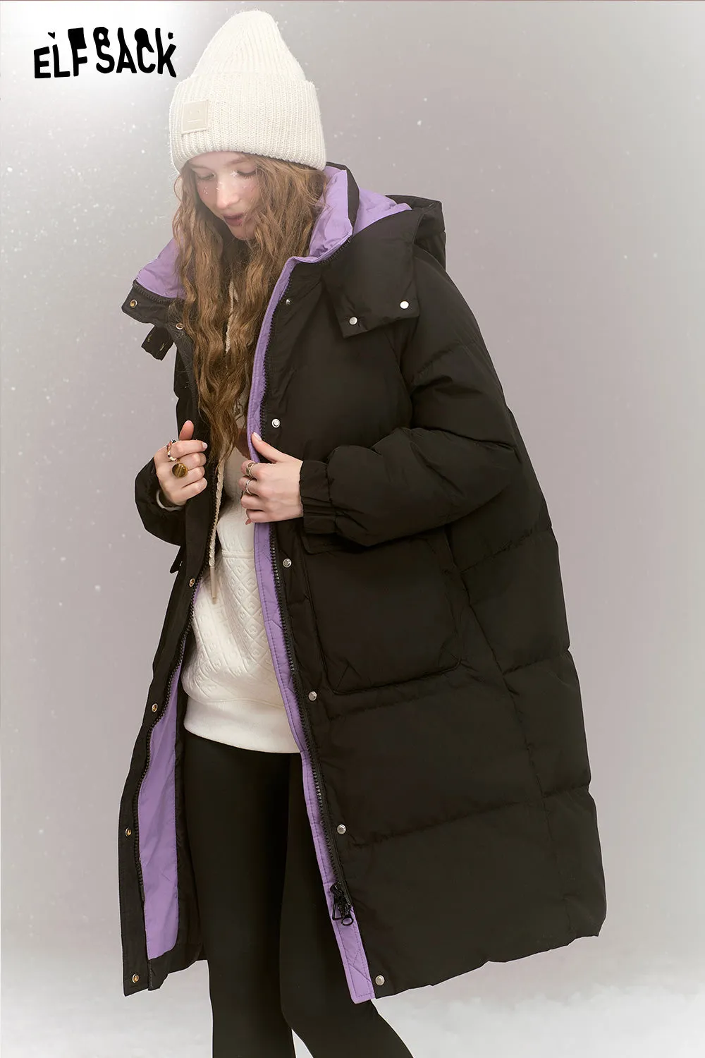 ELFSACK 2024 Winter New Arrivals Fashionable loose contrast color mid-length hooded warm down jacket for women