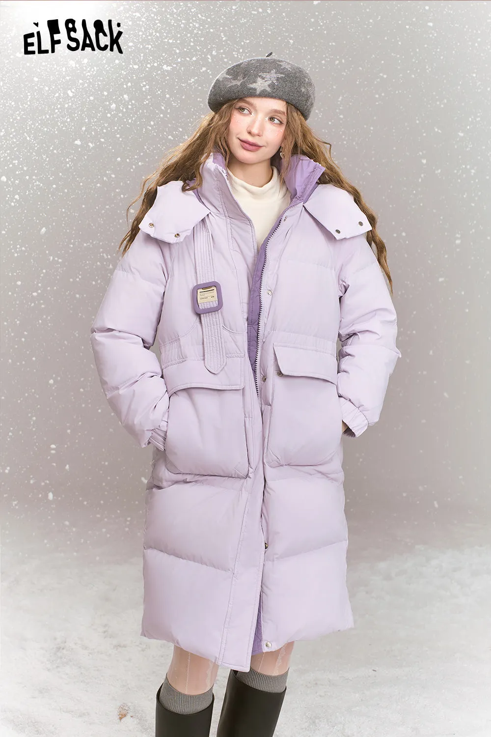 ELFSACK 2024 Winter New Arrivals Fashionable loose contrast color mid-length hooded warm down jacket for women