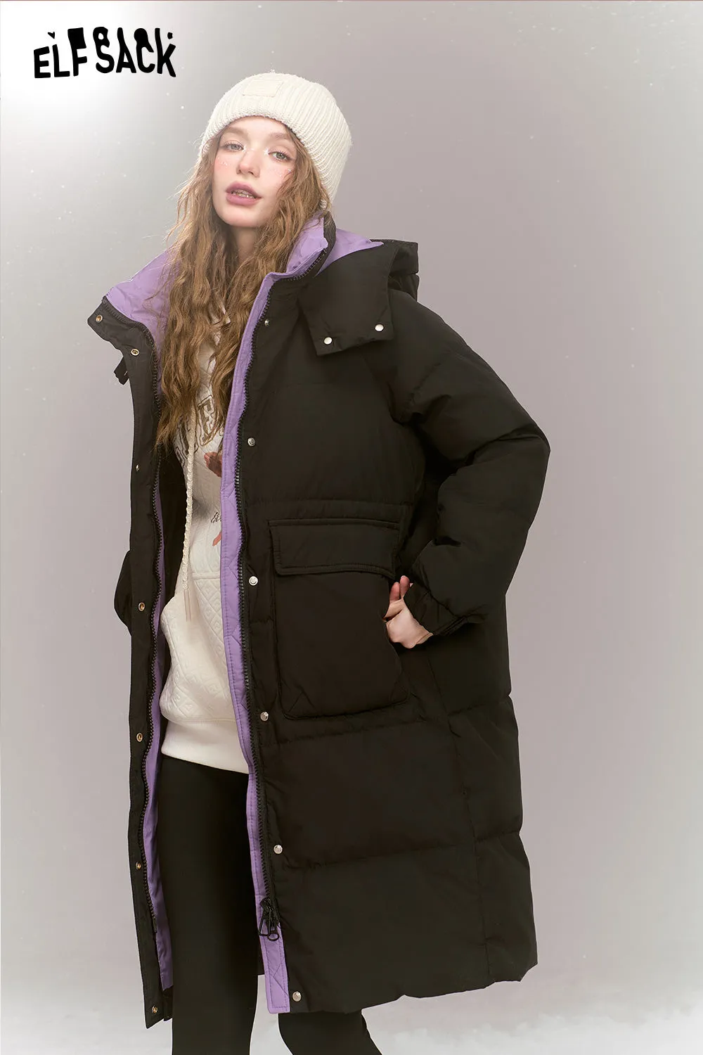 ELFSACK 2024 Winter New Arrivals Fashionable loose contrast color mid-length hooded warm down jacket for women