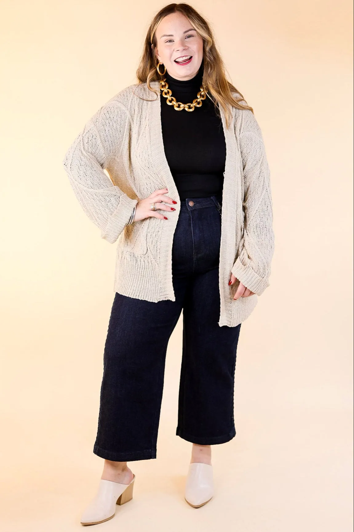 Fashionable Comfort Knit Cardigan with Pockets in Light Taupe