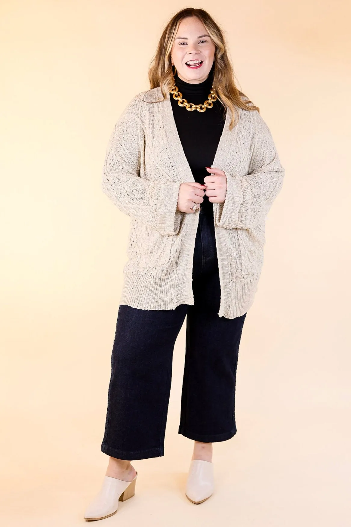 Fashionable Comfort Knit Cardigan with Pockets in Light Taupe