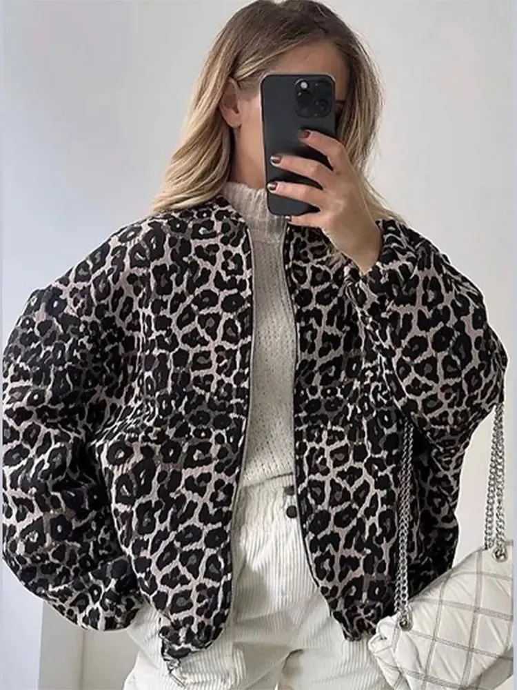 Fashionkova Elegant Leopard Print Zipper Pocket Jacket Women Fashion O Neck Long Sleeves Loose Coat New Autumn Winter Lady Warm Outerwear