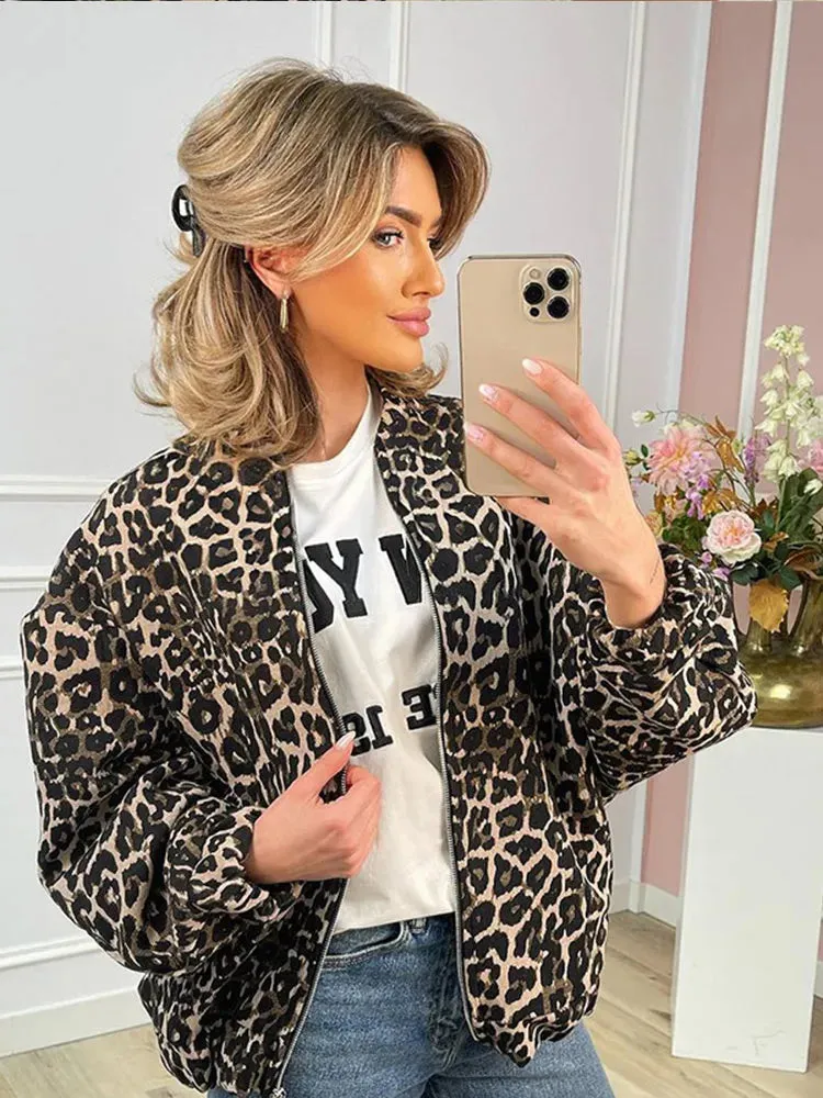 Fashionkova Elegant Leopard Print Zipper Pocket Jacket Women Fashion O Neck Long Sleeves Loose Coat New Autumn Winter Lady Warm Outerwear