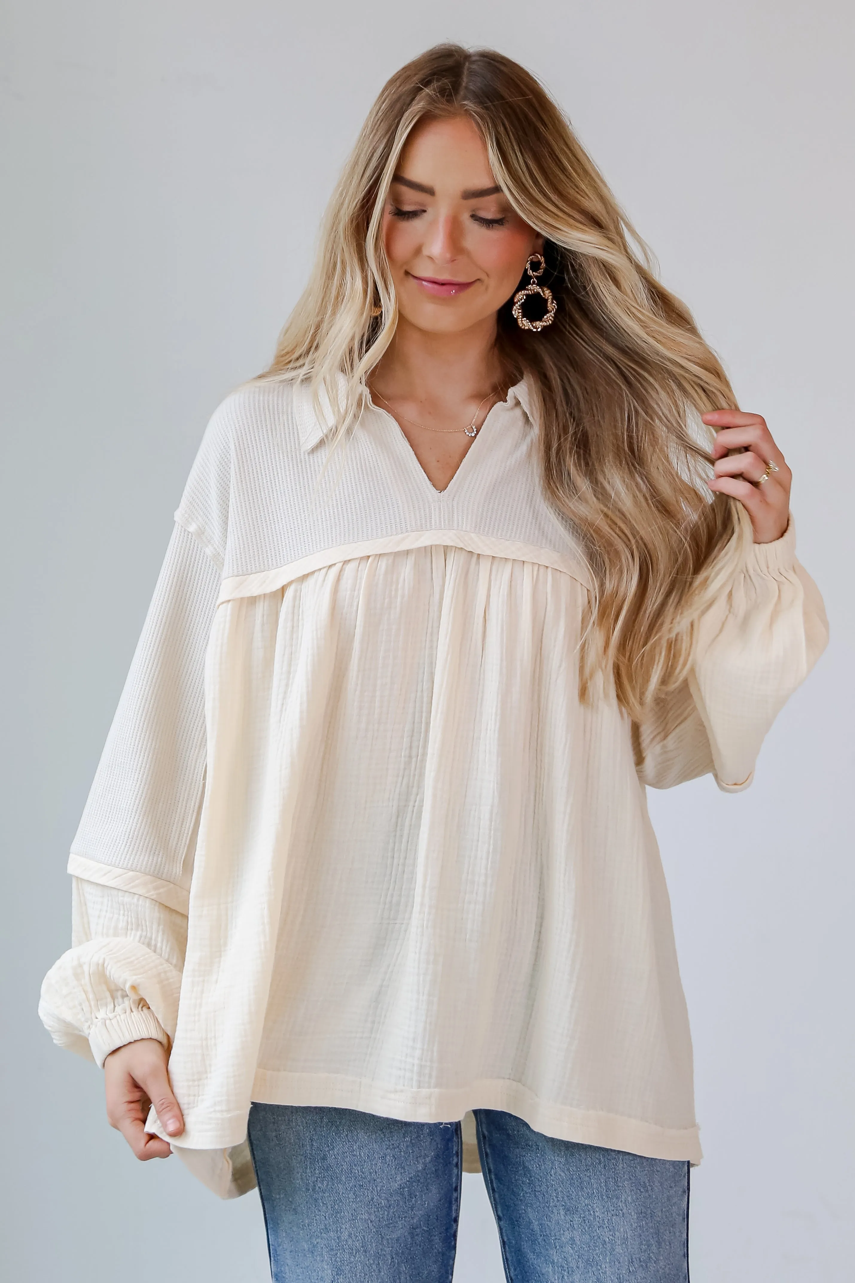 FINAL SALE - Officially Fashionable Cream Linen Babydoll Blouse