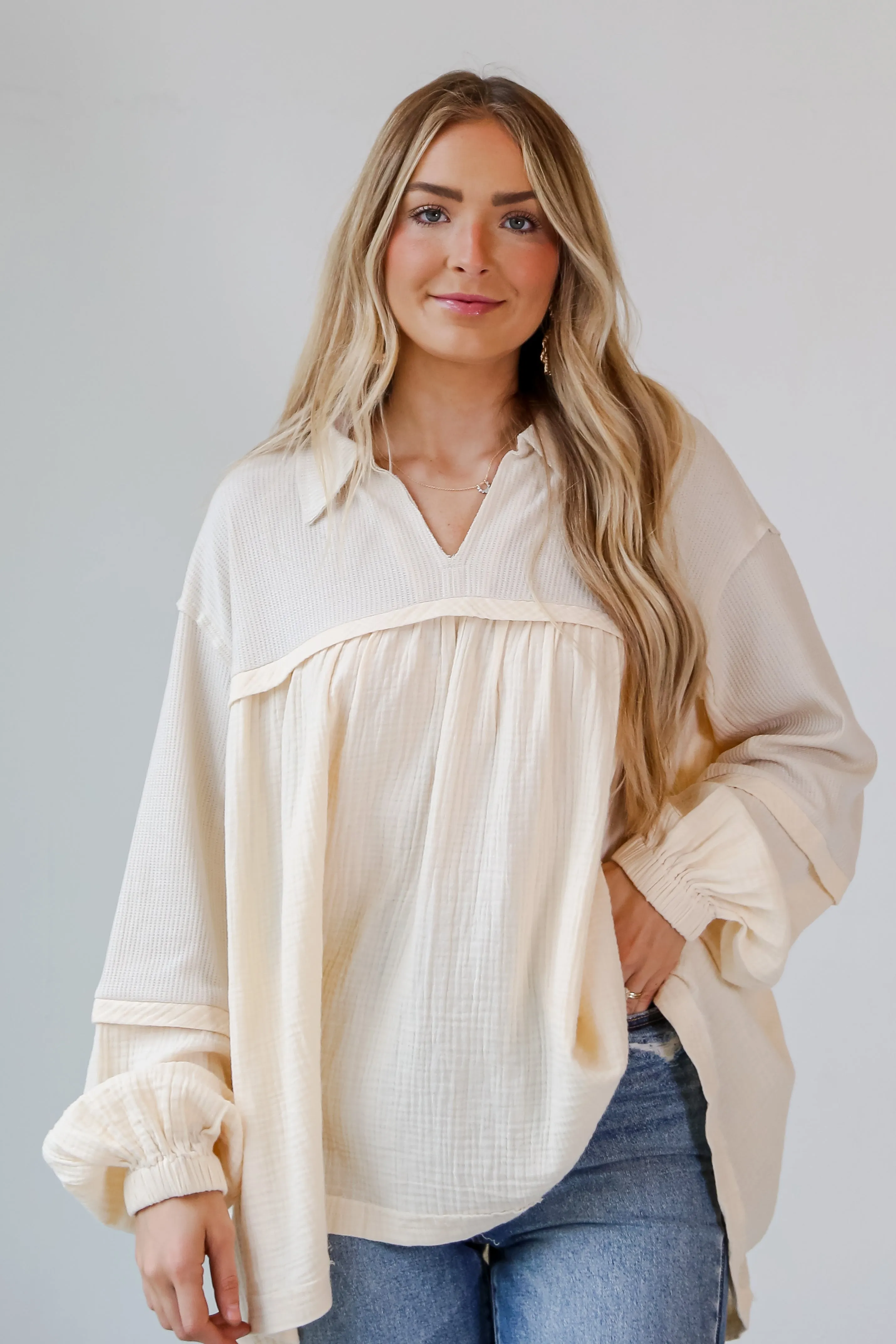 FINAL SALE - Officially Fashionable Cream Linen Babydoll Blouse