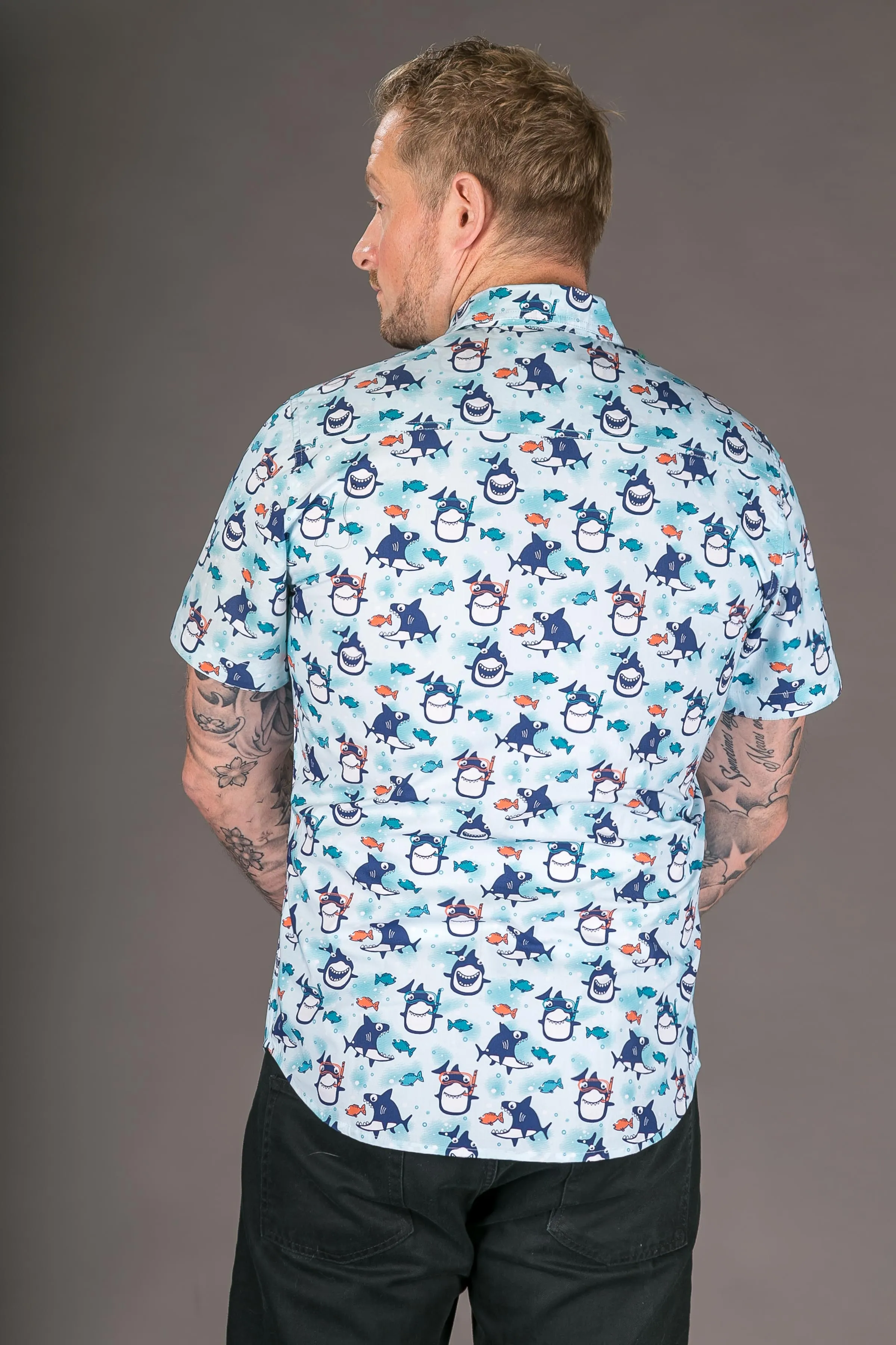 Fish Diver Print Cotton Slim and Regular Fit Mens Shirt Short Sleeve