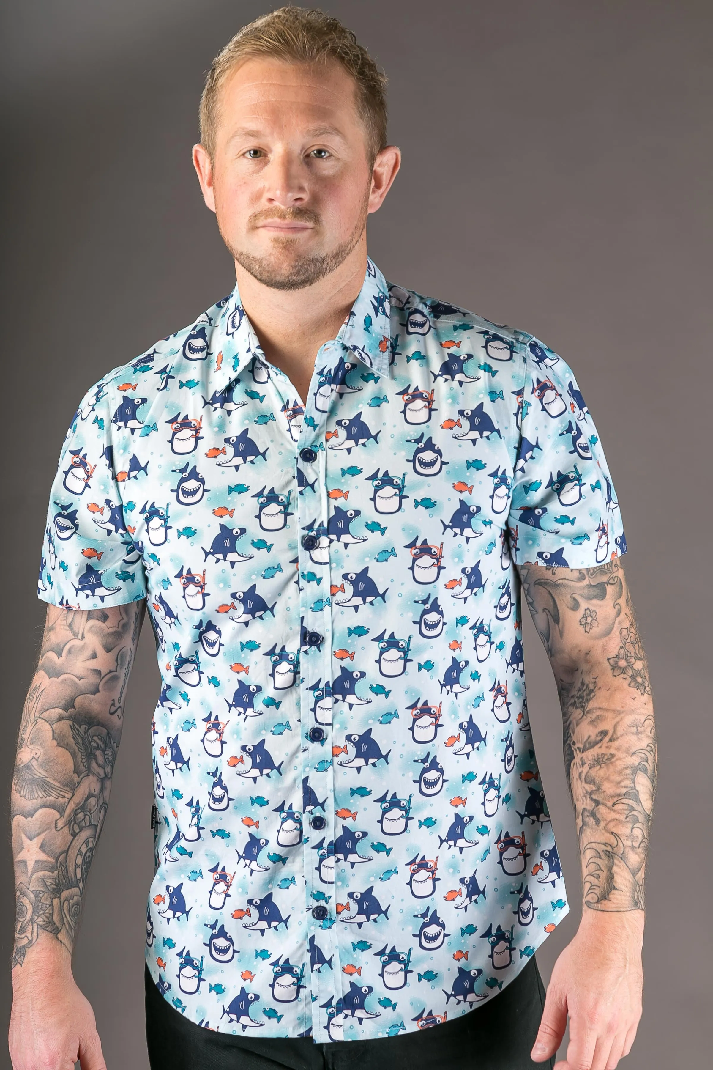 Fish Diver Print Cotton Slim and Regular Fit Mens Shirt Short Sleeve