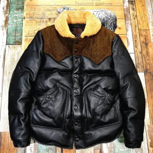 Genuine Leather Down Jacket with Wool Collar - Short Slim Fit