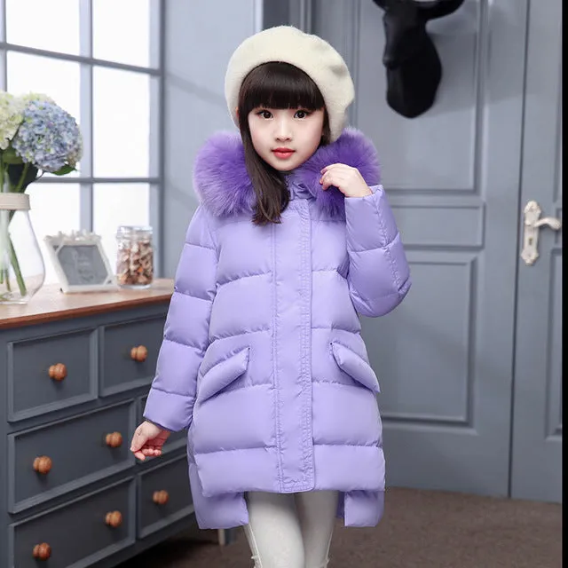 Girls Long Winter Down Jacket with Hood, very warm