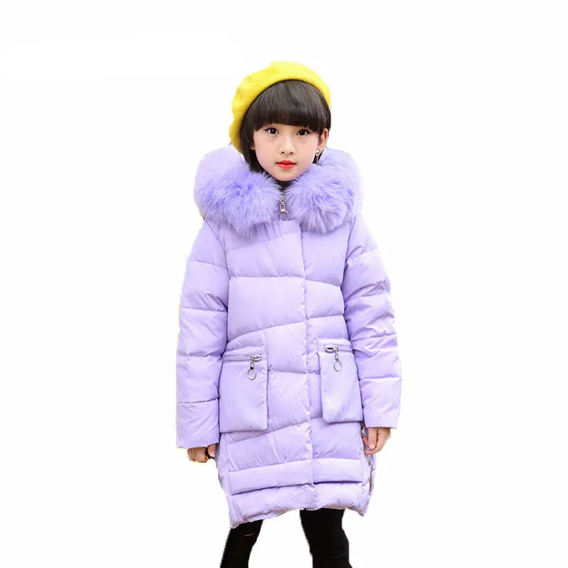 Girls Long Winter Down Jacket with Hood, very warm