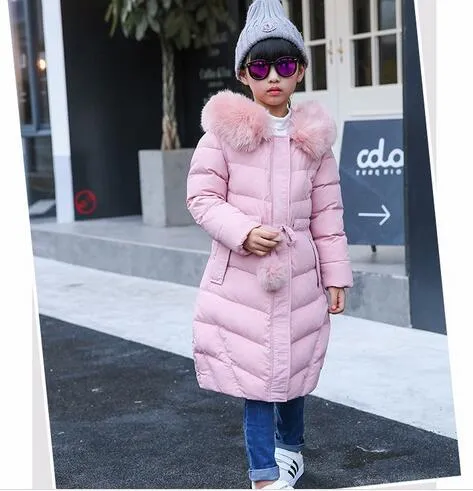 Girls Long Winter Down Jacket with Hood, very warm