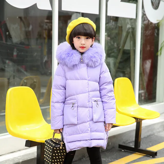 Girls Long Winter Down Jacket with Hood, very warm