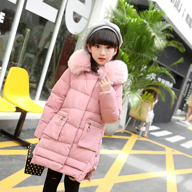 Girls Long Winter Down Jacket with Hood, very warm