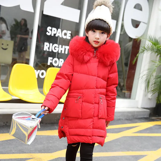 Girls Long Winter Down Jacket with Hood, very warm