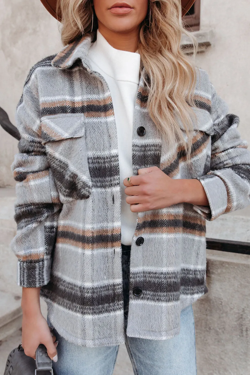 Gray Plaid Print Pocketed Shirt Jacket