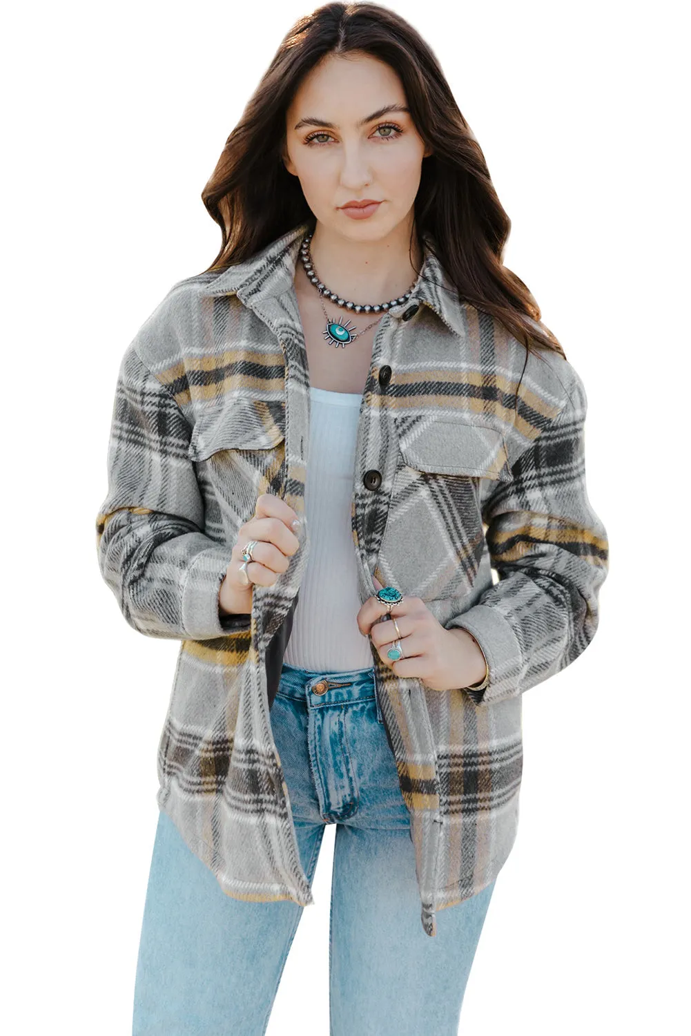 Gray Plaid Print Pocketed Shirt Jacket