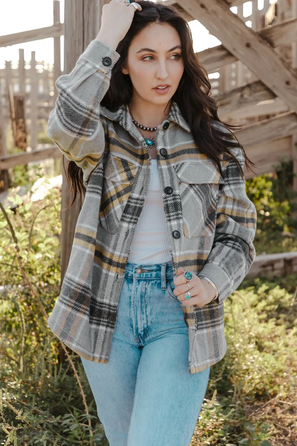 Gray Plaid Print Pocketed Shirt Jacket